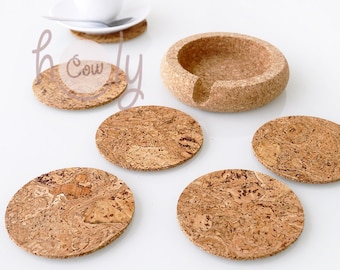 Set of 6 Circular Eco Friendly Cork Coasters With Cork Holder, Coaster Set, Natural Coasters, Red Cork Coasters, Coaster Set, FREE SHIPPING