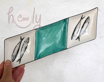 Handmade Ceramic Appetizer Tray With Fish Sardines Decoration, Party Snack Tray, Olive Server, Salsa Bowl, FREE SHIPPING