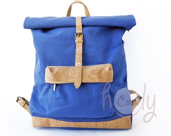 Handmade Eco Friendly Large Roll Up Blue Cotton Canvas And Brown Cork Backpack