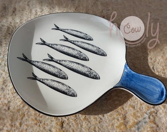 Handmade Ceramic Platter With Decorative Fish Sardines