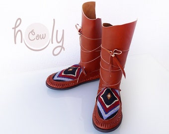 Braune Mokassins mit Tribalstoff, Mokassins Damen, Mokassinstiefel, Moccasins Herren, Herren Mokassins, Mokassins, Braune Leder Mokassins