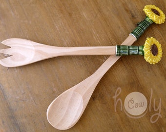 Handmade Wooden Salad Servers With Sunflower Ceramic Tops, Kitchen Utensils, Salad Tossers, Housewarming gift, Salad Tongs, Salad Servers