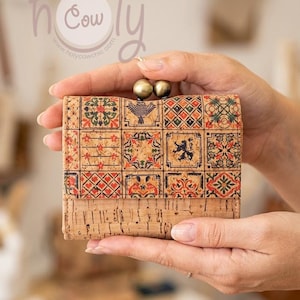 Cork Wallet for Women, Eco Friendly Vegan Purse, Geometric Tile Pattern Card Holder, Small Coin Pouch with Antique Brass Kiss Lock Clasp