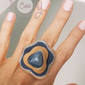 Handmade Adjustable Leather Ring, Leather Ring, Gray Agate Ring, Womens Boho Leather Ring, Large Leather Ring, Hippie Ring, Gray Boho Ring
