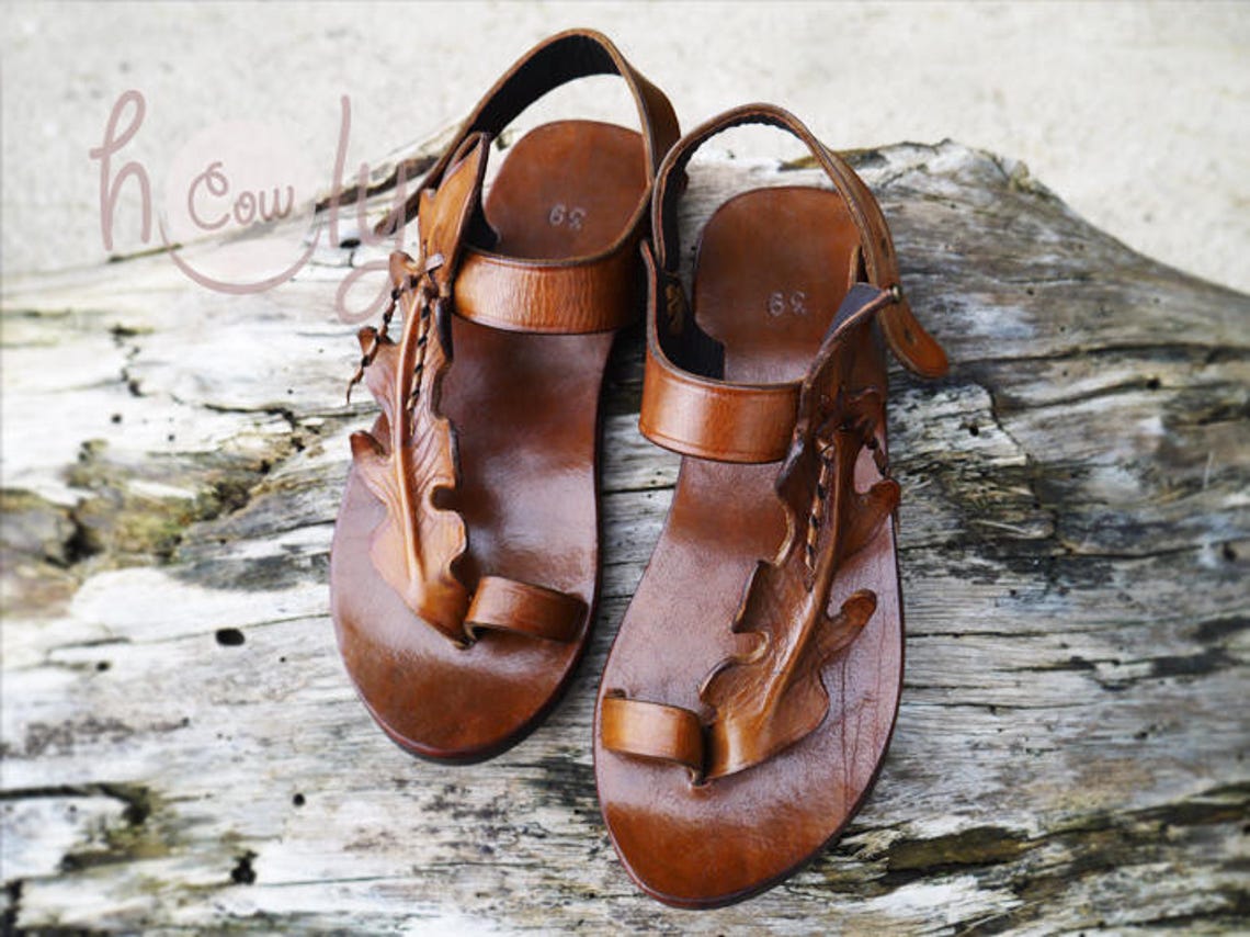 Handmade Brown Leather Leaf Sandals Womens Sandals Mens Etsy