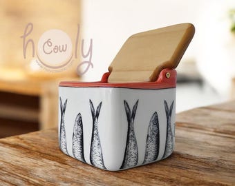 Ceramic Container With Wooden Lid And Decorated With Fish Sardines, Sugar Box, Salt Box, Salt Holder, FREE SHIPPING