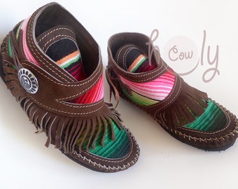 Brown Leather Serape Moccasins, Moccasin Boots, Womens Moccasins, Womens Brown Shoes, Cowgirl Moccasins, Leather Cowgirl Boots, Fringe Shoes