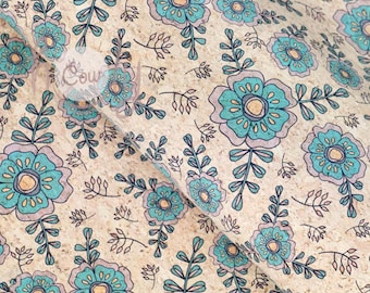 Natural Vegan Cork Fabric Sheets With Flower Design 68 x 50cm, 138 x 100cm or 1000 x 138cm, Vegan Leather Alternative, FREE SHIPPING
