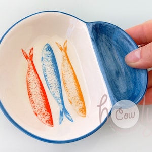 Handmade Ceramic Olive Dish With 3 Colorful Fish Sardines
