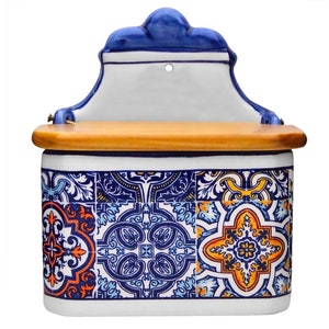Wall Mountable Ceramic Salt Container With Wooden Lid And Decorated With Hand Painted Portuguese Tiles, Salt Box, Salt Holder, FREE SHIPPING