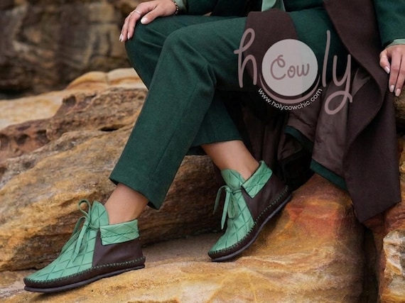 Brown And Mint Green Leather Shoes, Moccasins Women, Brown Leather Shoes, Leather Shoes, Womens Boots, Boots Women, Boho Boots, Womens Shoes