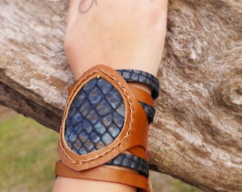 Handmade Brown Leather Bracelet With Blue Snake Print Leather Etsy