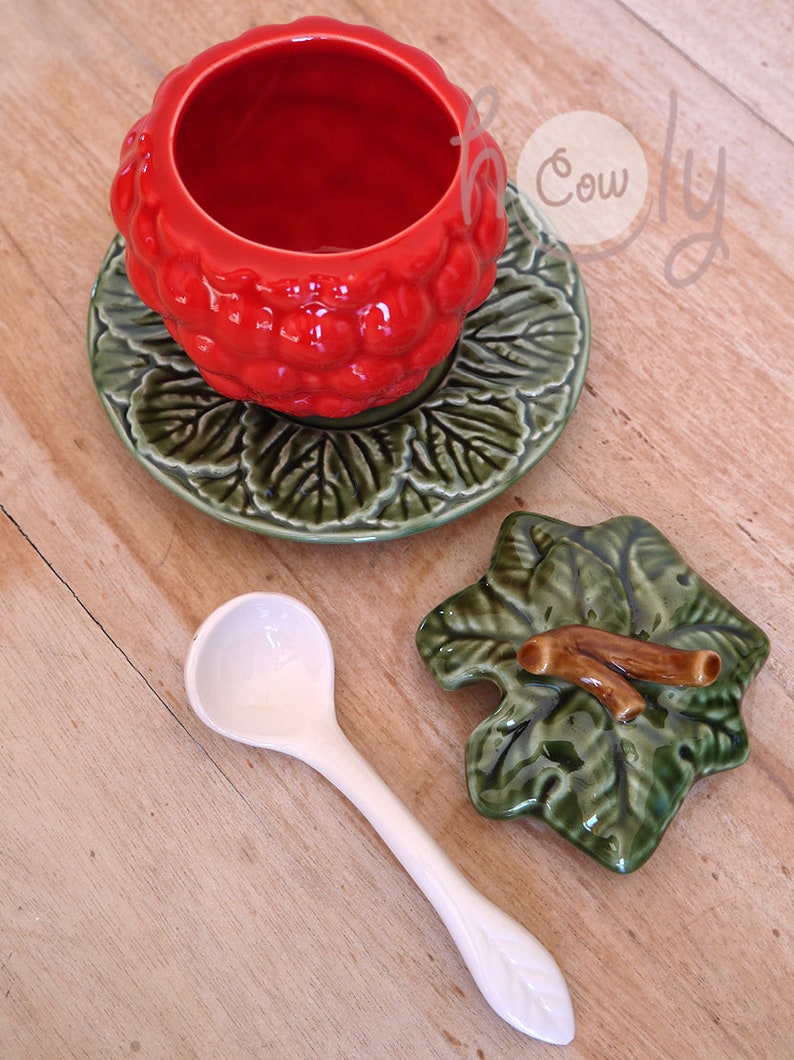 Ceramic Raspberry Handmade Ceramic Raspberry Bowl With Spoon on Leaf Plate, Ceramic Fruit ...