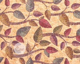 Natural Vegan Cork Fabric Sheets With Colorful Leaf Leaves 68 x 50cm, 138 x 100cm or 1000 x 138cm, Vegan Leather Alternative, FREE SHIPPING