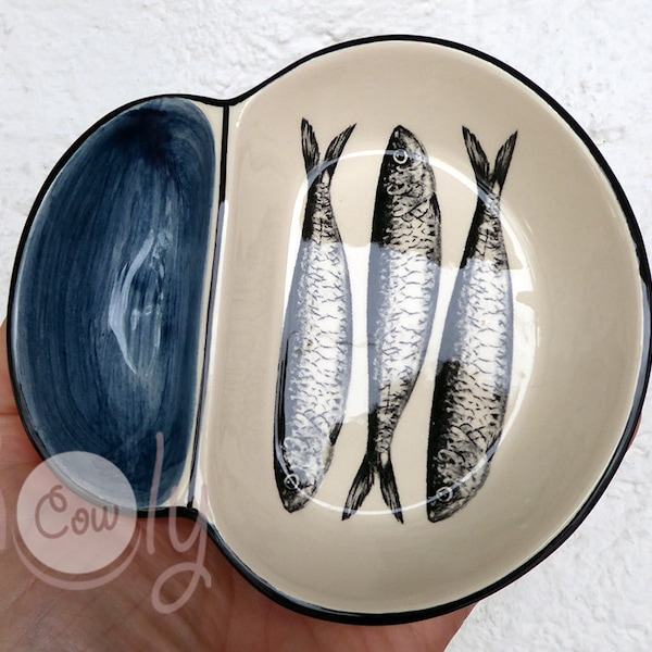 Handmade Ceramic Olive Dish With 3 Fish Sardines