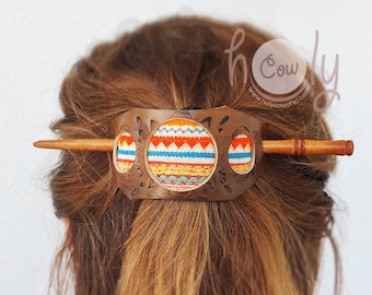 Handmade Leather and Wooden Hair Stick with Colorful Tribal Woven Fabric Accent, Leather Barrette Clip with Hair Stick