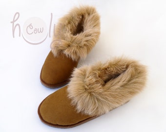 Handmade Brown Warm Woolly Sheepskin Slippers, Leather Slippers, Womens Slippers, Mens Slippers, Cozy Slippers, Slippers, Adult Slippers