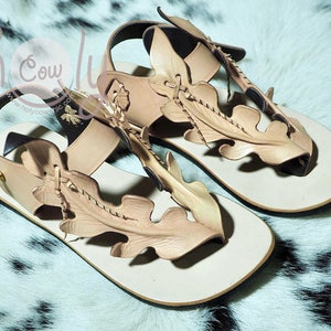 Handmade Beige Leather Leaf Sandals, Womens Sandals, Leather Sandals Women, Hippie Sandals, Cowgirl Sandals, Leaf Sandals, Boho Sandals
