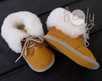 Handmade Yellow Sheepskin Baby Boots, Yellow Baby Boots, YellowToddler Boots, Baby Shower Gift, Yellow Baby Shoes, Yellow Baby Moccasins