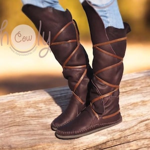 Knee High Brown Leather Boots, Knee High Womens Boots, Knee High Leather Boots, Renaissance Boots, Viking Boots, Cosplay Boots, Pirate Boots image 1