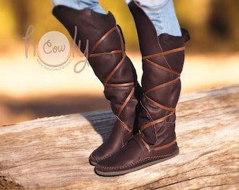 Brązowe skórzane buty do kolan, damskie buty do kolan, skórzane buty do kolan, buty renesansowe, buty wikingów, buty cosplay, buty pirackie