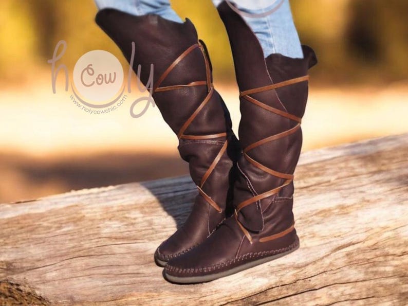 Knee High Brown Leather Boots, Knee High Womens Boots, Knee High Leather Boots, Renaissance Boots, Viking Boots, Cosplay Boots, Pirate Boots image 1