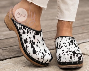 Handmade Womens Traditional Black And White Hairy Cowhide Leather Clogs With Wooden Sole