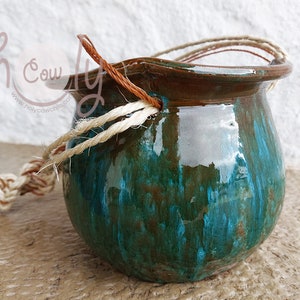 Handmade Green And Brown Ceramic Hanging Planters With Macrame Rope, Hanging Ceramic Plant Pots, Indoor Hanging Plant Pots, FREE SHIPPING