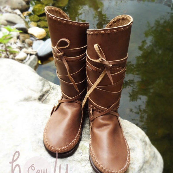 Brown Leather Moccasins, Moccasin Boots, Leather Moccasins, Leather Boots, Mens Moccasins, Womens Moccasins, Womens Boots, Hippie Boots