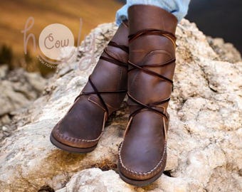 Mocasines de cuero marrón, mocasines para hombre, mocasines para mujer, botas boho para mujer, botas hippies, mocasines hechos a mano, botas vikingas, botas de cosplay.