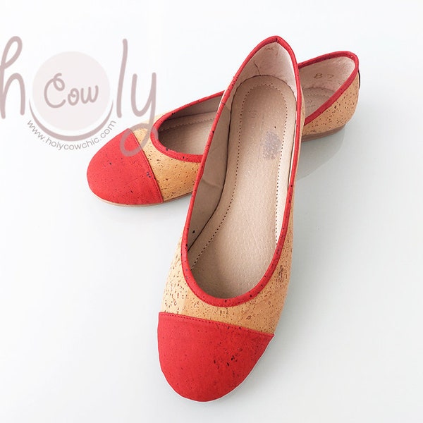 Handgemachte umweltfreundliche Schuhe aus braunem und rotem nachhaltigem Kork, Öko-Sandalen, Ballerina-Schuhe, Öko-Schuhe, Damen Kork-Schuhe, Vegane Schuhe