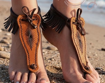Sandalias descalzas hechas a mano de cuero naranja y marrón oscuro con flecos, ENVÍO GRATIS.