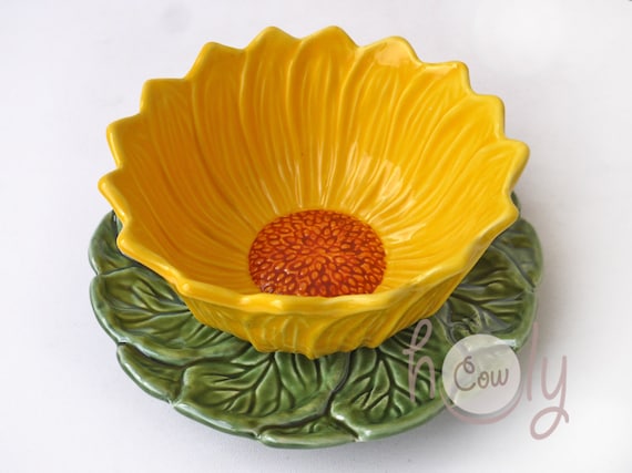 Ciotola e Piatto in Ceramica a Forma di Girasole Dipinti a Mano per Insalata, Frutta e Cereali