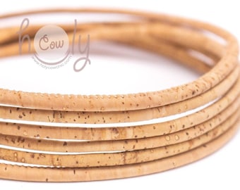 Eco Friendly Portuguese Natural Round Vegan Cork Cord With A Thickenss OF 3mm And 10 Meters Length, Available in All Colors, FREE SHIPPING