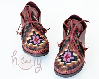 Women's Handmade Brown Leather Moccasins With Tribal Fabric, Moccasins Women,  Moccasins, Brown Leather Moccasins
