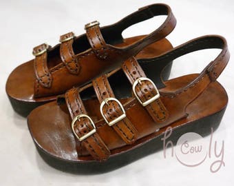 Sandalias de plataforma de cuero marrón hechas a mano, sandalias de cuero marrón, sandalias de mujer, zapatos de mujer, sandalias hippies, sandalias de vaquera, sandalias boho