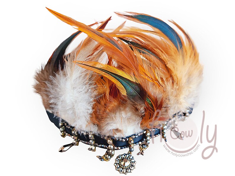 Puede incluir: Tocado decorativo con base de cinta azul oscuro adornada con cristales colgantes y una joya central. Adornado con plumas marrones, blancas y verde azulado, creando un llamativo contraste visual.