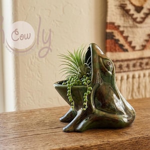 Pode incluir: Um vaso de cerâmica em forma de sapo de cor verde-escura com acabamento brilhante. O sapo tem a boca aberta, servindo como recipiente para uma pequena planta aérea e uma suculenta pendente. O vaso é esculpido com olhos e membros definidos.