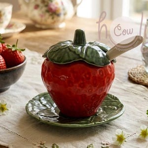 Peut inclure: Un pot en céramique en forme de fraise rouge avec un couvercle en forme de feuille verte et une soucoupe assortie. Une petite cuillère en bois repose sur le couvercle. Des fraises fraîches dans un bol et un verre d'eau sont également visibles.