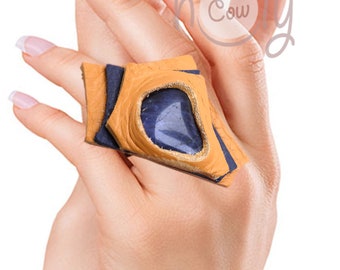 Handmade Adjustable Leather Gemstone Ring, Ring, Leather Ring, Blue Sodalite Ring, Womens Boho Leather Ring, Large Leather Ring, Hippie Ring