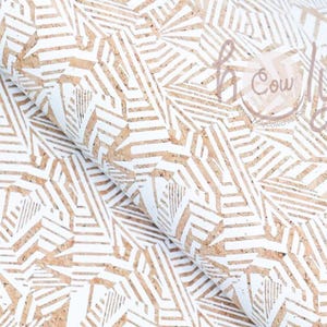 Naturliga portugisiska veganska korktyger med vitt geometriskt mönster 68 x 50 cm, 138 x 100 cm eller 1000 x 138 cm, FRI FRAKT