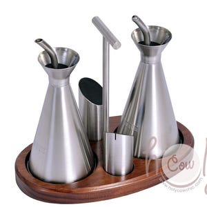 Handcrafted Anti Drip Stainless Steel Oil & Vinegar Bottle Set With Stainless Steel Salt And Pepper Shakers On A Wooden Stand, FREE SHIPPING