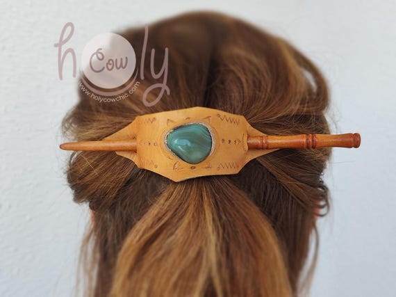 Handmade Leather Hair Barrette With a Natural Green Agate  display picture 3
