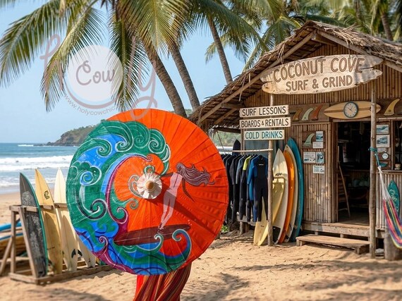 Hand Painted Surfer On Waterproof Parasol With FREE Umbrella Bag, Umbrella, Hippie Umbrella, Boho Umbrella, Surfer, Hand Painted Umbrella
