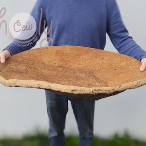 Puede incluir: Una tabla de servir grande, de forma ovalada, hecha de corcho natural. La tabla es de color marrón claro con una superficie texturizada y un borde grueso y redondeado. La tabla es sostenida por una persona.
