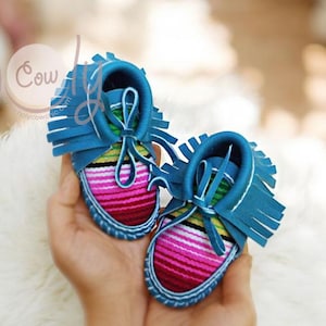 Handmade Turquoise Leather Baby Cowboy Moccasins, Serape Fabric, Gift
