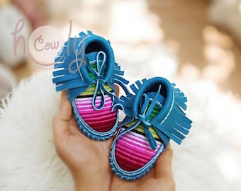 Turquoise Leather Baby Cowboy Serape Moccasins, Baby Moccasins, Toddler Moccasins, New Mom Gift, Baby Shower Gift, Baby Boots, Baby Shoes