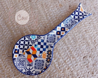 Ceramic Spoon Holder With Traditional Portuguese Patterns, Traditional Portuguese Tiles, Spoon Rest in Traditional Portuguese Ceramic