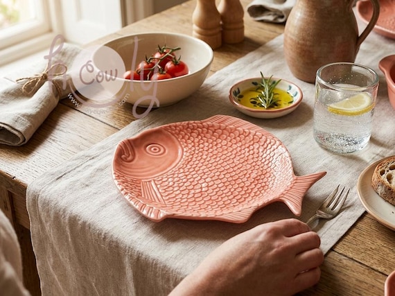 手作りのピンクのセラミック製魚型皿、鱗模様のテクスチャ加工、食器