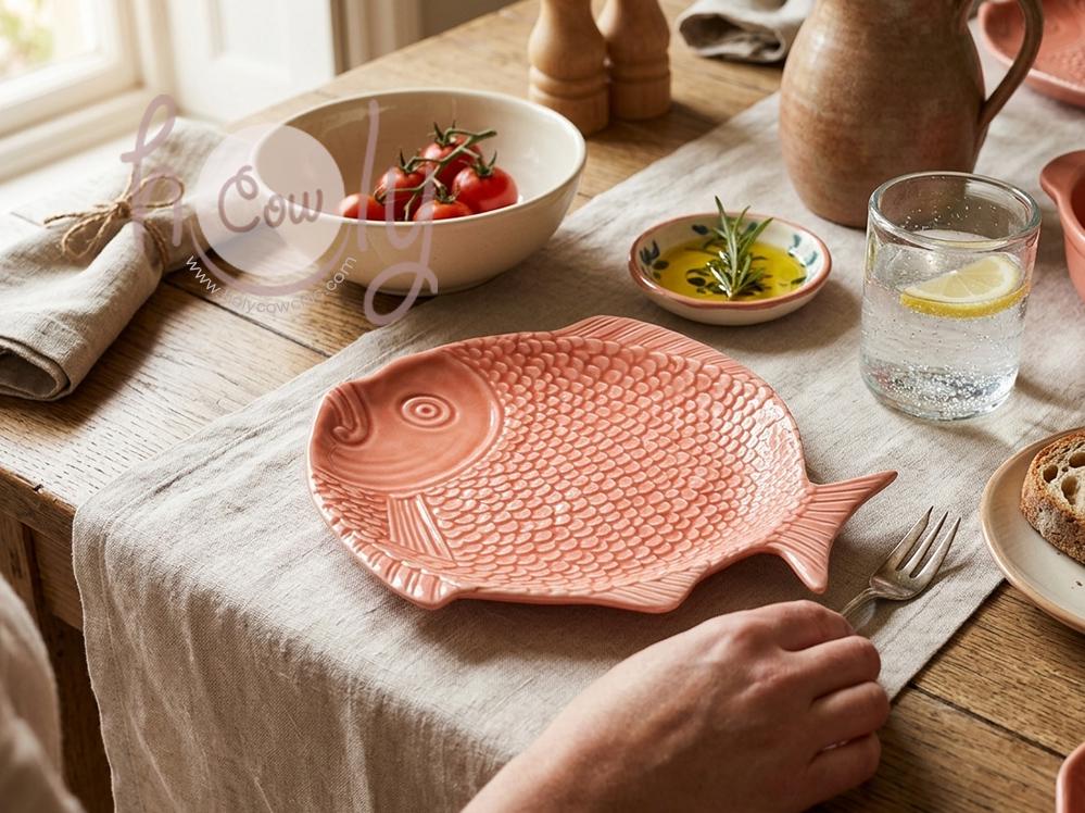 手作りのピンクのセラミック製魚型皿、鱗模様のテクスチャ加工、食器